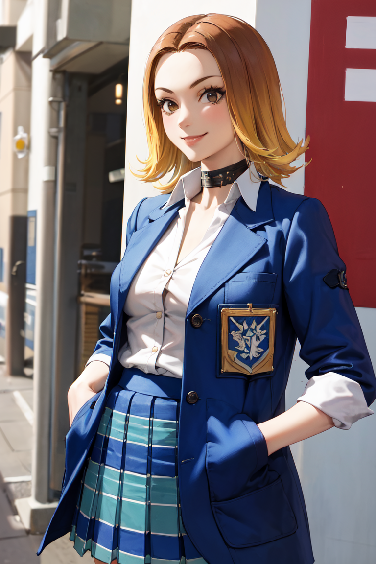 03953-4174401873-masterpiece, best quality, absurdres, perfect anatomy, 1girl, solo, yumiif, blue jacket, choker, pleated skirt, blonde hair, bro.png